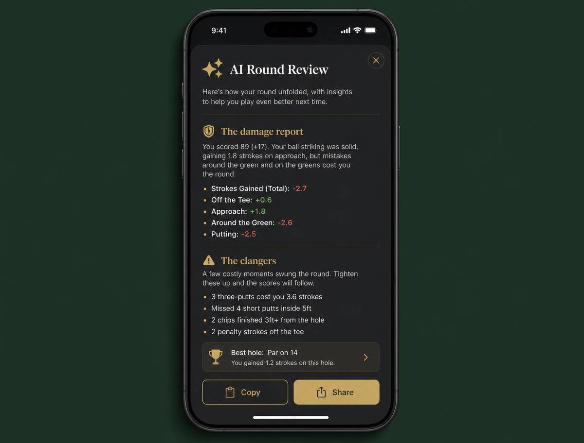 Example AI round review on a phone, showing the damage report and clangers sections with copy and share buttons